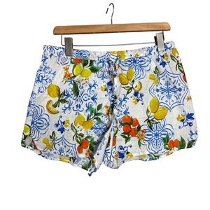 Johnny Was Lemon Citrus Tile Print Cotton Shorts White Blue Yellow Small boho pj
